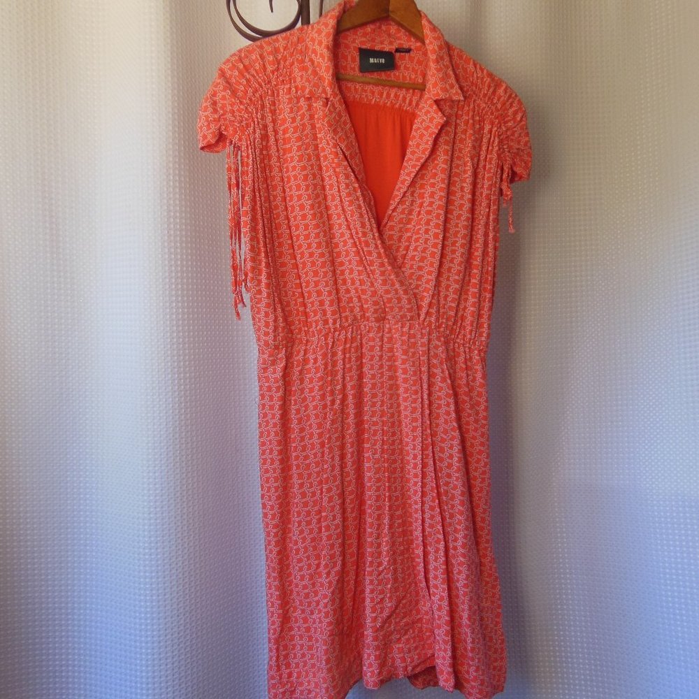 Maeve coral/orange dress sleeveless, wrap around summer midi dress, preowned